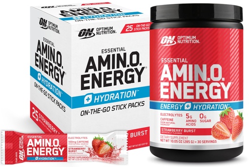 [BRSREYYKOR7GMCLH] Optimum Nutrition Strawberry Burst Bundle: Amino Energy Powder Plus Hydration with BCAA, Electrolytes and Caffeine, 30 Servings (Packaging May Vary)+Amino Energy On-The-Go Powder Stick Packs, 25 Count