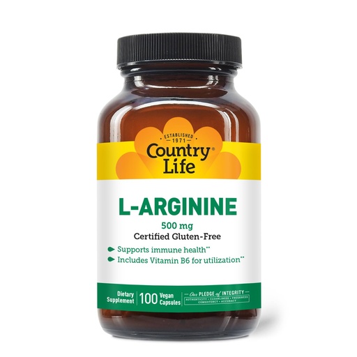 [BRSWIZYZOMBGKH3U] Country Life L-Arginine Caps with Vitamin B-6, 500mg, 100 Vegan Capsules, Certified Gluten Free, Certified Vegan