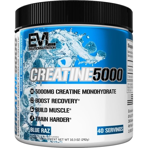 [BRSREZIDOIIQKDQ2] Evlution Nutrition Creatine 5000 - Supports Faster Recovery, Lean Muscle Growth & Performance - Pre & Post Workout Powder - 5000mg Pure Creatine Monohydrate Per Serving - 40 Servings - Blue Raz