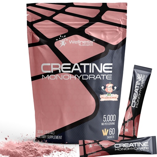 [BRSREHYQB4OQ223Z] WELLNESS LABSRX Creatine Monohydrate Powder Sachets 300g – Peach Flavor Micronized Creatine Powder Supplement, Creatine for Women and Men, Supports Muscle Strength, Energy, Performance - 60 Servings