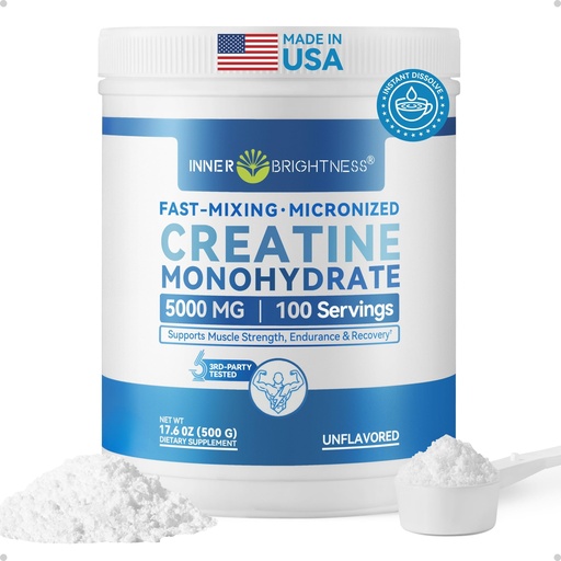 [BRSRGAALDEOWCEL7] Inner Brightness Creatine Monohydrate Powder - 600-Mesh Micronized Creatine Supplement, 3rd Party Tested, Gentle on Stomach for Muscle Growth & Strength, Unflavored, 100 Servings