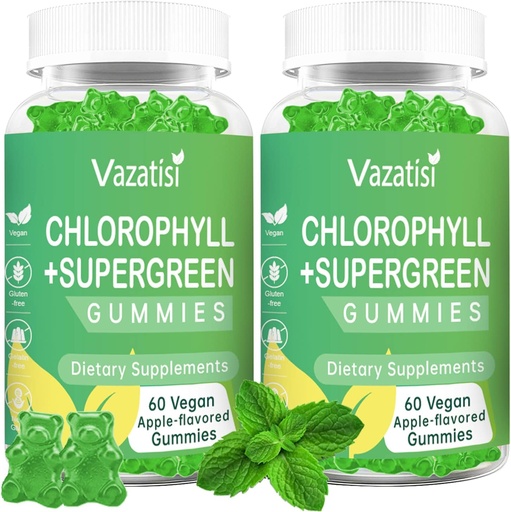 [BRSROFIHCIHR4F3D] 2 Pack Chlorophyll Gummies with Organic Supergreens, Natural Antioxidant, Energy Boost, Immune Support, Digestion, Skin Care, Women &amp; Men, Adult &amp; Kid - 120 Vegan Organic Gummies
