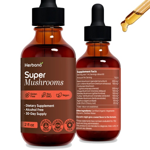 [BRSROZICDN7AAGQU] HERBANA MANUFACTURING Super Mushroom Complex Liquid 8 Mushroom Blend Lion Mane Reishi Cordyceps Chaga Maitake Turkey Tail Shiitake Immune Support Drops Alcohol Free Vegan 2 fl oz