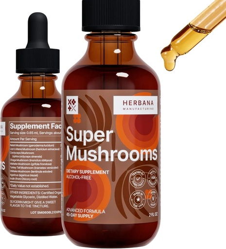 [BRSROZICDN7AAGQU] Super Mushrooms 8-in1 - 2 fl oz Liquid Extract - Brain Booster & Immune Support Drops - Reishi, Lion`s Mane, Cordyceps, Chaga, Mitake, Turkey Tails, Shiitake, Agaricus - High Potency - 45-Day Supply