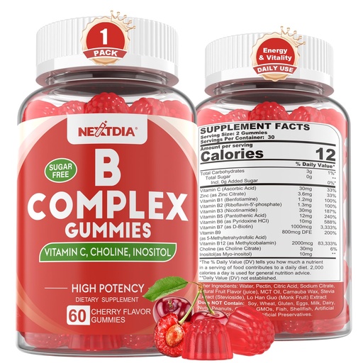 [BRSRAGQTAAOW2H3X] Methylated Vitamin B Complex Gummies, Methyl B12 & Folate with B1, B2, B3, B5, Biotin | Vitamin C, Zinc, Choline & Inositol – B Complex Supplement for Energy, Mood, Immune & Hair Skin Health,60 Cts