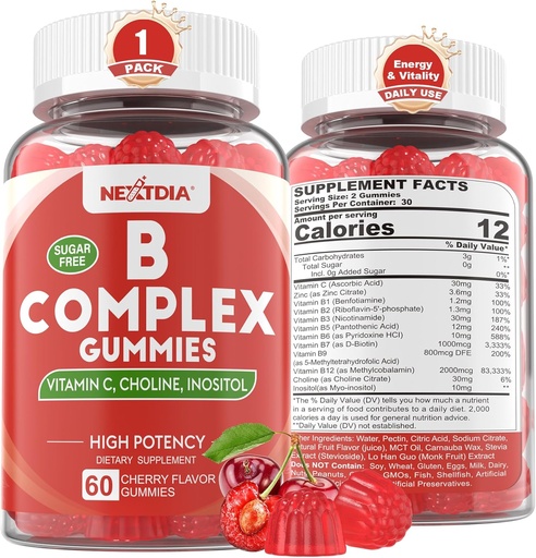 [BRSRAGQTAAOW2H3X] Vitamin B Complex Gummies, Vegan Vitamin B Gummies with 2000 mcg Methyl B12, Methyl Folate | Plus Choline + Inositol, Vitamin C + Zinc for Supports Energy, Mood, Immune, Healthy Hair, Skin - 60 Cts