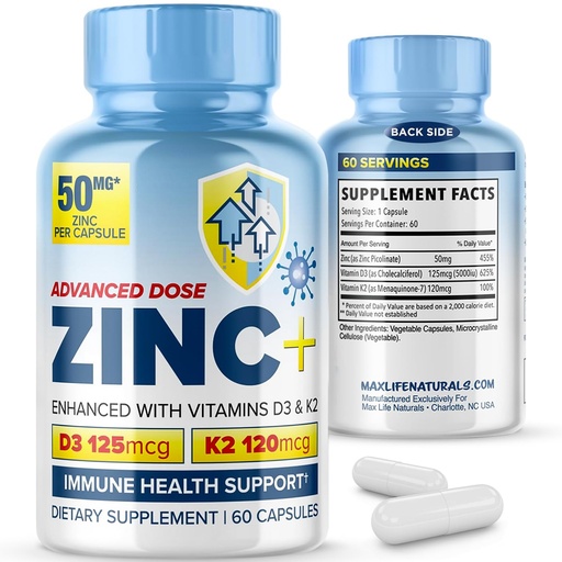 [BRSWYGATBMNQI2Q2] Advanced Zinc Picolinate 50mg Immune Health Support with Vitamin D3 & K2 – 60 Capsules, Zinc Supplements for Men and Women, Maintaining Cardiovascular, Bone, and Overall Wellness by MaxLife Naturals