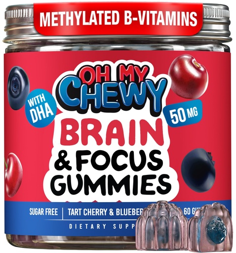 [BRSRGFQDOB5AOFIY] OH MY CHEWY Brain and Focus Gummies for Kids & Teens Support - Center-Filled and Sugar Free Memory and Cognition Supplements with DHA, Methylated B Vitamins, Folate, Zinc and L-Theanine - 60 Count