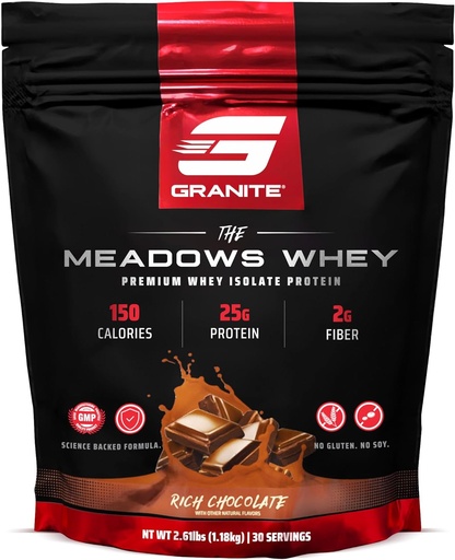 [BRSROBD3CJ7GMCQ2] Granite Supplements The Meadows Whey Protein Isolate Protein Powder for Lean Muscle with 150 Calories, 2g Fiber, 1g Sugar (30 Servings), Rich Chocolate Flavor