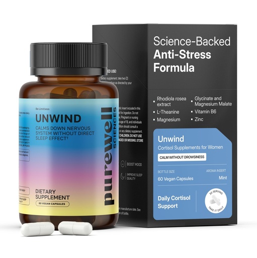 [BRSRGHA2BMMAIFA6] Unwind - Cortisol Supplements for Women - 60 Vegan Capsules - L Theanine Supplement + Magnesium + Rhodiola Rosea Extract + Zinc + Vitamin B6