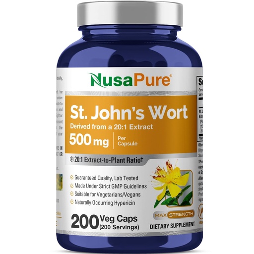 [BRSRAED3CQBRM3TO] NusaPure St. John's Wort Capsules, 500 mg, 200 Veg Capsules (Non-GMO, Vegan)