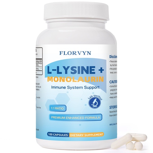 [BRSREGQDC57BYE3V] Lysine Monolaurin Capsules, 1:1 Ratio Formula Immune Support Oral & Gut Health, Lysine + Monolaurin Immune Booster Supplement, Non-GMO 100 Vegan Capsules