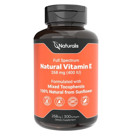 [BRSW2EL6BAFA4C35] Naturalis Sunflower Vitamin E 268mg (400 IU) with Mixed Tocopherols | Essential Skin Vitamin & Immune Support | Non-GMO, Soy & Gluten Free | 300 Softgels