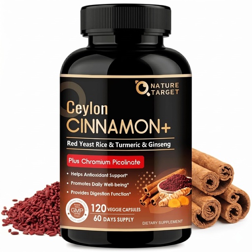 [BRSRECYEOR6GMELL] NATURE TARGET Ceylon Cinnamon Capsules - Cinnamon Supplements with Chromium, Red Yeast Rice, Turmeric & Ginseng - Supports Heart, Energy for Men & Women - Non-GMO, Gluten Free - 120 Veggie Capsules