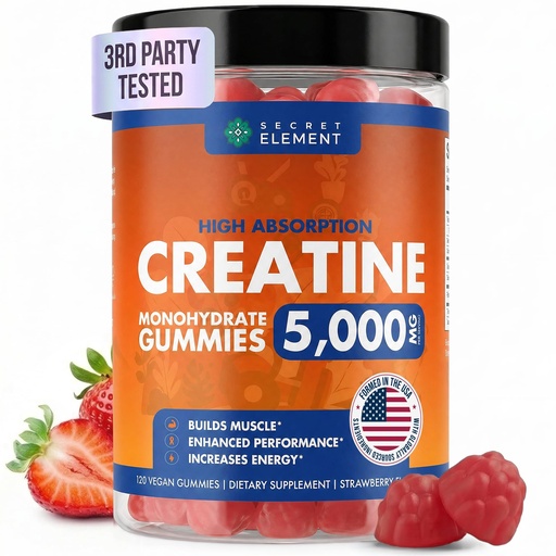 [BRSRGBQHOICWAD3O] Secret Element Creatine Monohydrate Gummies 5000 mg per Serving, Sugar Free Vegan Gummies, Non-GMO, Creatine Chews for Women & Men, 30 Servings, 120 Gummies, Strawberry Flavor