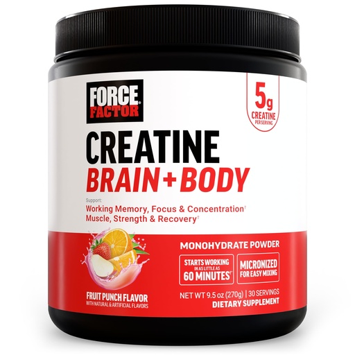 [BRSRYYYNDJYWG237] Force Factor Creatine Brain + Body, Micronized Creatine Monohydrate Powder for Muscle, Strength & Brain Performance, with Cognitive Support for Focus & Working Memory, Fruit Punch, 30 Servings