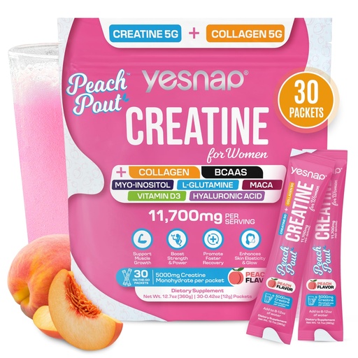 [BRSRGCATOQFAIA35] Creatine for Women – Micronized Creatine Monohydrate Powder with Collagen, BCAA, Myo-Inositol & Vitamin D3 – Muscle Growth, Strength & Energy Support – Pre & Post Workout – Peach Flavor, 30 Servings