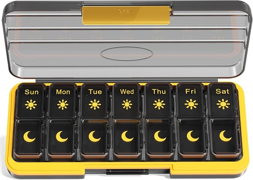 [BRSRAZQEOYIGKHLH] Zoksi Am Pm Pill Organizer 7 Day, Weekly Pill Box 2 gånger om dagen, Medicine Pill Organizer med separat kompartement, Travel Pill Case Dispenser Portable för vitaminer, fiskoljor, mediciner (Black)