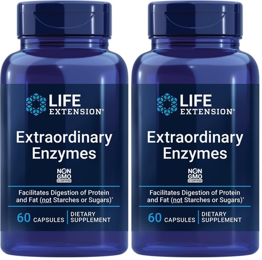 [BRSREAL5CAMWAFYZ] Life Extension Extraordinary Enzymes, Digestive Health Support, Nutrient Absorption, Digestive enzymes, Non-GMO, 60 Capsules (Pack of 2)