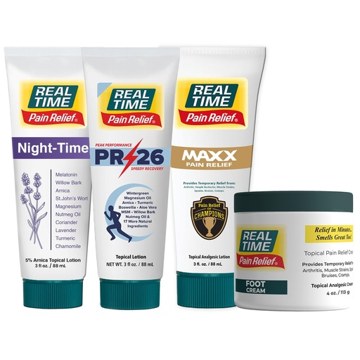 [BRSWGZICBN6QMC3Z] Real Time Pain Relief Convenience Pack: 3oz MAXX Glide, 3oz PR-26 Glide, 3oz Night Time Glide & 4oz Foot Cream for Hands, Feet, Ankles, Back, Shoulders, Knees & Joints Relief