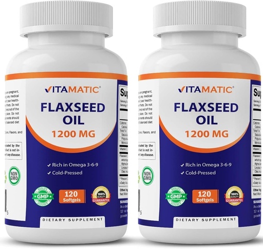 [BRSW2FL3OVYQKGY7] Vitamatic Flaxseed Oil 1200 mg, Omega 3-6-9, 120 Softgels - 2 Pack | Cold Pressed, Support Vascular, Healthy Skin & Hair, and Joint Support, Non-GMO, Gluten Free
