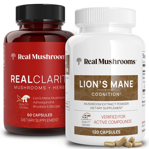 [BRSW2AD6BUIAOETO] Real Mushrooms RealClarity (60ct) and Lions Mane (120ct) Capsules Bundle - Mushroom Supplement for Brain Health, Mental Clarity, Focus, Cognition & Immune Support - Brain Vitamins w/Ashwagandha
