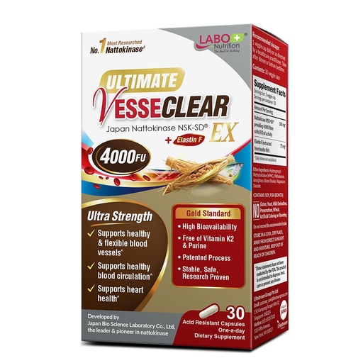 [BRSREBANCVYQI3L6] LABO Nutrition Ultimate VesseCLEAR EX 4000FU Nattokinase NSK-SD with Elastin F — Healthy Blood Circulation and Circulatory Health Support — 30 Capsules (30-Day Supply), K2 & Purine-Free DRcaps