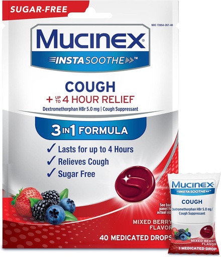 [BRSROCY7OJ5WAHLG] Mucinex Instasoothe Sugar Free Cough Drops, Cough Medicine for Adults with Dextromethorphan HBr, Non Menthol Cough Drops, Cough Suppressant Lozenges, Mixed Berry Medicated Cough Drops, 40ct