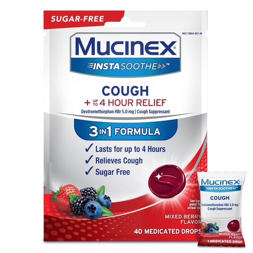 [BRSROCY7OJ5WAHLG] Mucinex Instasoothe Sugar Free Cough Drops, Cough Medicine for Adults with Dextromethorphan HBr, Non Menthol, Cough Suppressant Lozenges, Mixed Berry Medicated Cough Drops, 40ct