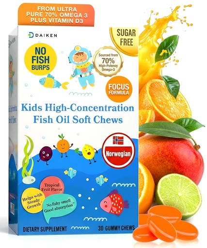 [BRSRGZICO4FBYDTK] DAIKEN High Concentration Kids Fish Oil Omega-3 Gummies, No Sugar Added, Individually Wrapped, 300 mg Omega-3 (DHA & EPA) with Vitamin D3 for Kid, 30 Count, Tropical Fruit Flavor, Norwegian Sourced