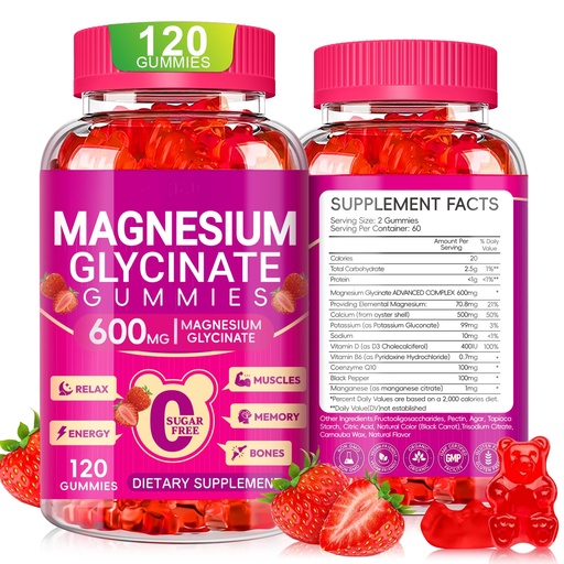 [BRSRAGDYCF7AK3Q7] Magnesium Glycinate Gummies 600mg, Chewable Sugar Free Potassium Magnesium Gummies with Magnesium Glycinate, Vitamin D, B6, and CoQ10 for Zzz, Relaxation, Brain and Muscle, 60 Days Supply