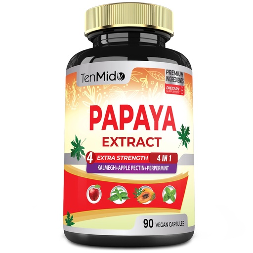 [BRSROZQ5BYGWEA3X] Temido Papaya Leaf Extract Supplements Capsules, 3 Months Supply with Kalmegh, Apple Pectin, Peppermint - Improved Digestion Function - 90 Vegan Capsules