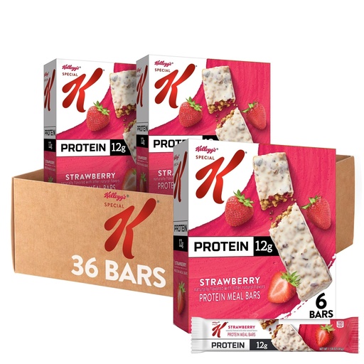 [BRSWIB34PMNBYGD2] Special K Bar Protein Meal Bars, 12g of Protein, Good Source of Fiber, Strawberry (6 Boxes, 36 Count)
