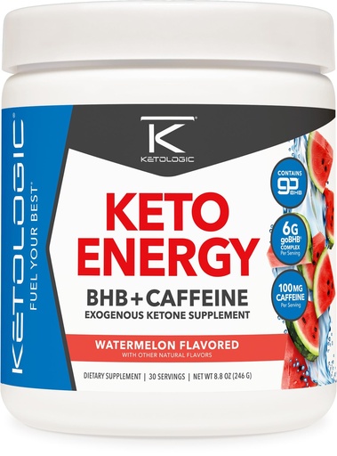 [BRSRA2YZAEARS3L7] Ketologic KetoEnergy BHB (Watermelon) 30 Servings - BHB + Caffeine Exogenous Ketone Supplement