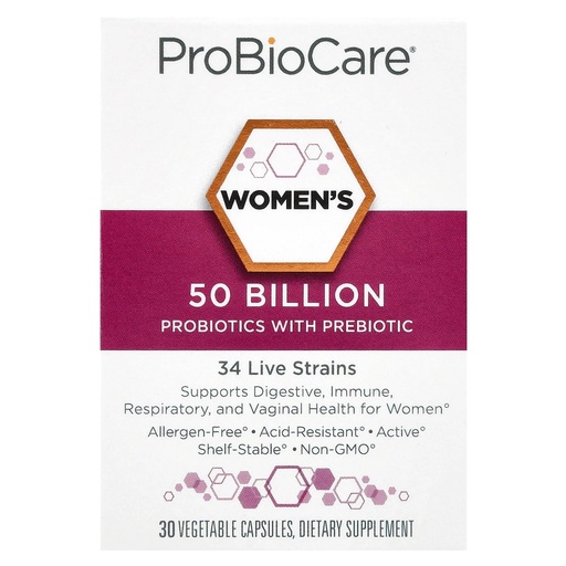 [BRSWYZQDAAPRGFIU] ProBioCare Probiotic for Women, 50 Billion CFUs with Prebiotic, 34 Live Strains for Digestive, Immune & Vaginal Wellness Support, Gluten Free, Dairy Free, Non GMO, 30 Vegetable Capsules