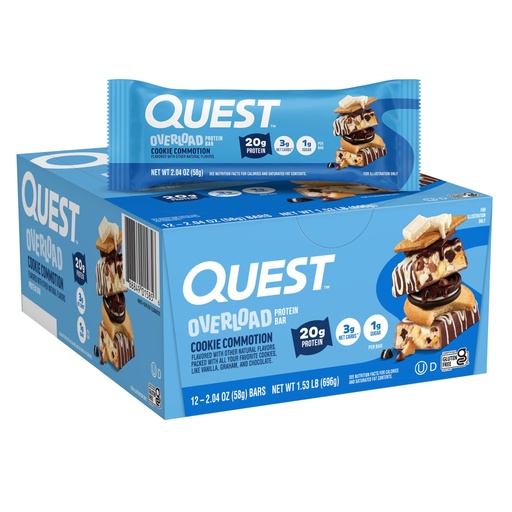 [BRSRAAL7BVYROAAV] Quest Nutrition Overload Protein Bars, Cookie Commotion, 20g Protein, 1g Sugar, 3g Net Carbs, Gluten Free, 12 Count