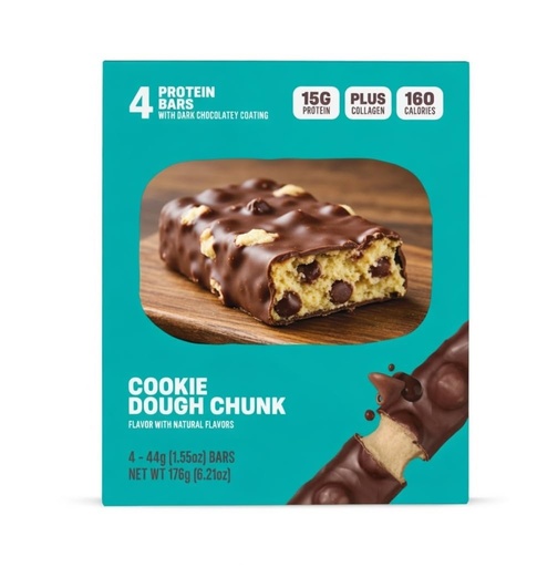 [BRSRGAL2DIBRU33F] NEW Protein Bar Cookie Dough Chunk Protein Bar – 15g Protein, Chocolate Coated Collagen Protein Snack, Soft Cookie Dough Center, 160 Calories, High Protein Energy Bar, 4 Count