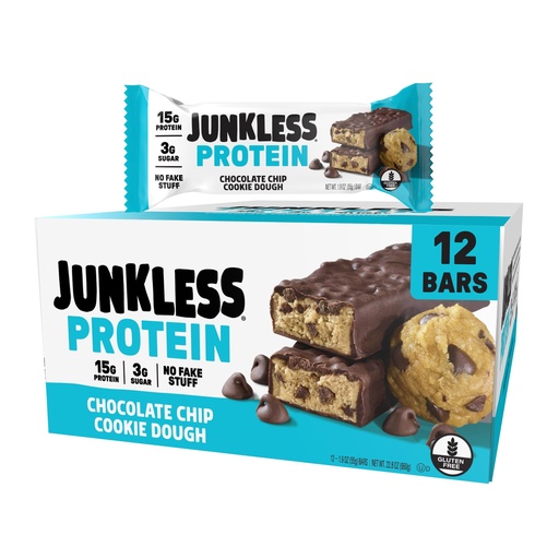 [BRSREHATBMBGEFLJ] JUNKLESS Chocolate Chip Cookie Dough Protein Bars | 15g Protein, No Added Sugar, High Fiber, Gluten Free | Healthy Snack for Kids & Adults | 12 Bars