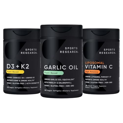 [BRSRGZYLA4HRMFL5] Sports Research® Immunity Pack - Odorless Garlic Oil Pills (1000mg) + Vitamin D3 + K2 + High Potency Liposomal Vitamin C Supplement 1000 mg