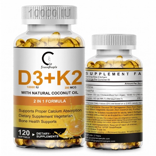 [BRSRGAYRBEDREAA2] Vitamin D3 K2 Supplement with Vitamin D3 10000 IU, 200 mcg Vitamin K2 MK-7 & Natural Coconut Oil, Plant Based 2-1 Formula for Bone, Teeth, Muscle and Immune Health Support,120 Softgel Capsules