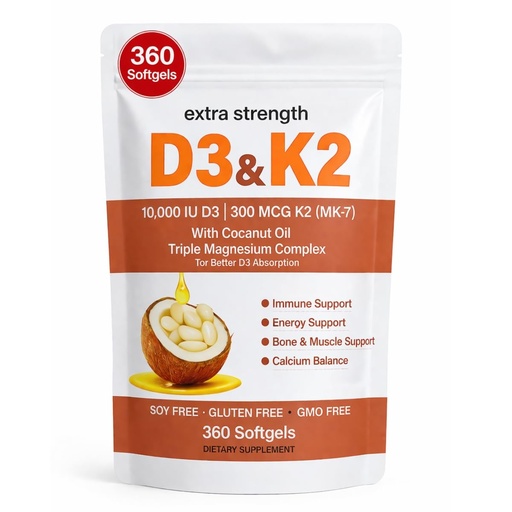 [BRSRGBL3PMPG2HY4] Vitamin D3 K2 Magnesium Complex Softgels with Coconut Oil, D3 + K2 (MK-7) & Triple Magnesium, Daily Bone and Muscle Support, Easy to Swallow, Non-GMO, 360 Softgels