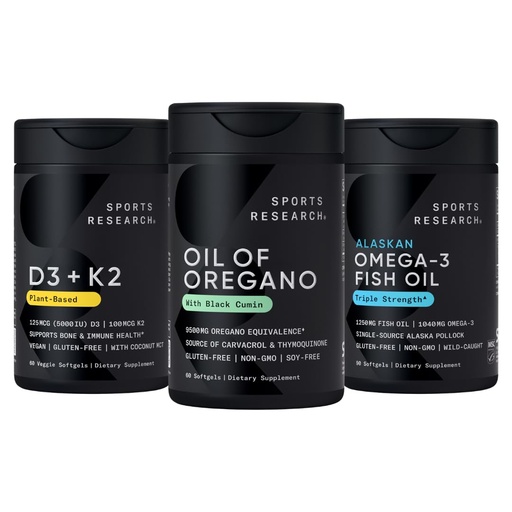 [BRSRYYYKCQFGACT6] Sports Research® Multivitamin Pack - Oil of Oregano 9500mg w/Black Seed Oil, Vitamin D3 5000iu + K2 100mcg, and Alaskan Omega-3 Fish Oil 1250mg