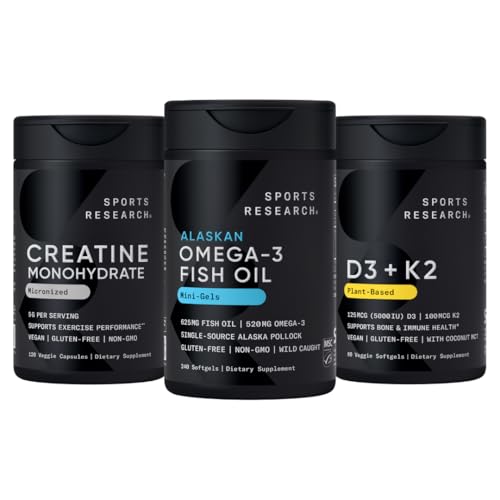[BRSRGAYKOF7RG2Q3] Sports Research® Multivitamin Pack - Omega-3 Fish Oil Mini Gels 625mg + Vegan Vitamin D3 5000iu & Mk7 Vitamin K2 100mcg + Creatine Monohydrate Capsules