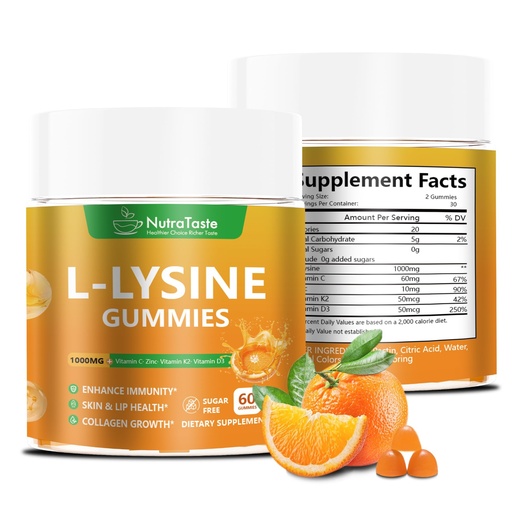 [BRSREZYOBACBY2Q3] L-lysine Gummies 1000mg, Chewable Lysine Supplement with Vitamin C, D3, K2 & Zinc, Enhance Immunity, Lips & Skin Health, Collagen Growth, Sugar-Free, Gluten-Free, 60 Count (Pack of 2)