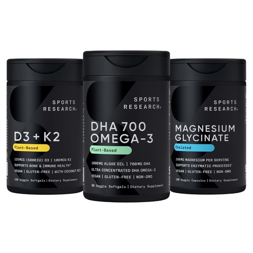 [BRSRGGQLOYBBSCLP] Sports Research® Vegan Supplements Pack - Vegan DHA 700mg Omega-3 + Vitamin D3 K2 5000iu + Magnesium Glycinate