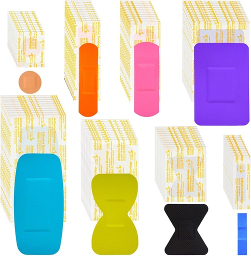 [BRSRAYYKAEGQYFIY] Lunsweer 720 Pcs Variety Bandages Pack Tailles assorties Bandes de bouts de doigts Bandes imperméables Bandes adhésives respirantes en vrac pour les scraps de premiers soins de la plaie Blister (couleur vive)