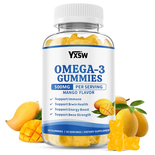 [BRSRGFD3AF6WOALG] Vegan Omega-3 Gummies 500mg, Omega 3 Fish Oil Alternative for Adults with Plant-Based EPA & DHA & Vitamin A, C, E for Brain, Eye & Immune Health, Sugar Free, Mango Flavor, 60 Count