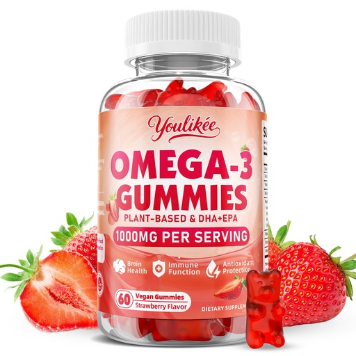 [BRSREGQCBMPQ2C3V] Vegan Omega-3 Gummies 1000mg, Omega 3 Fish Oil Alternative for Adults, Plant Based DHA 460mg & EPA 230mg w/Vitamin A, C, E - Supports Immune Function, Sugar Free, Strawberry Flavor, 60 Count