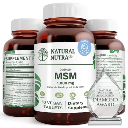 [BRSWIBQADJ7WEA32] Natural Nutra OptiMSM, MSM Supplement with Sulfur, Cartilage Health, Prevent Thinning Hair, Increase Joint Flexibility and Bone Health, Support Fluid Balance, Weight Loss, 1000 mg, 60 Vegan Tablets
