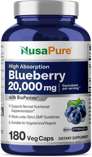 [BRSWGGIQCQHQYELK] NusaPure Blueberry Concentrate 20,000mg - 180 Veggie Powder caps (Extract 30:1, 100% Vegetarian, Non-GMO)